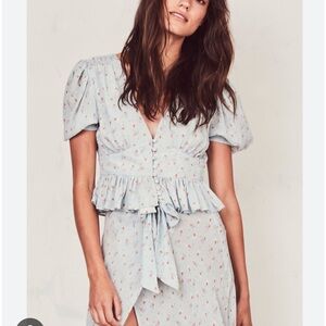 Loveshackfancy Steph Blue Floral Top Puff Sleeve Silk Blouse